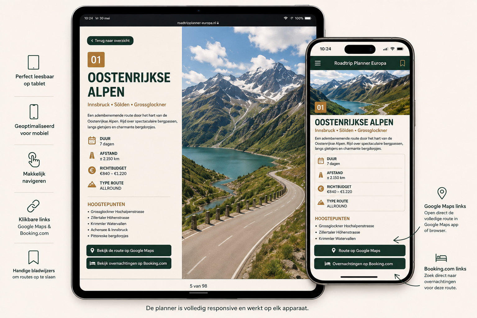 EuroRoute routeplanner weergegeven op een tablet en smartphone