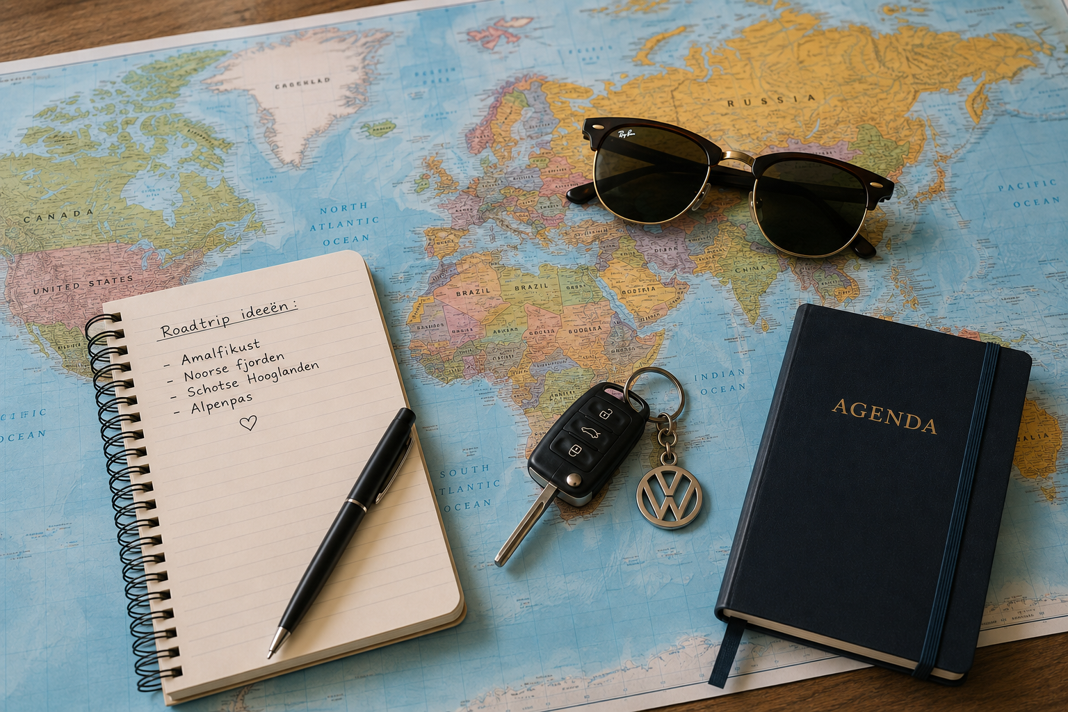Wereldkaart met notitieboek vol roadtrip-ideeën, autosleutels, zonnebril en agenda